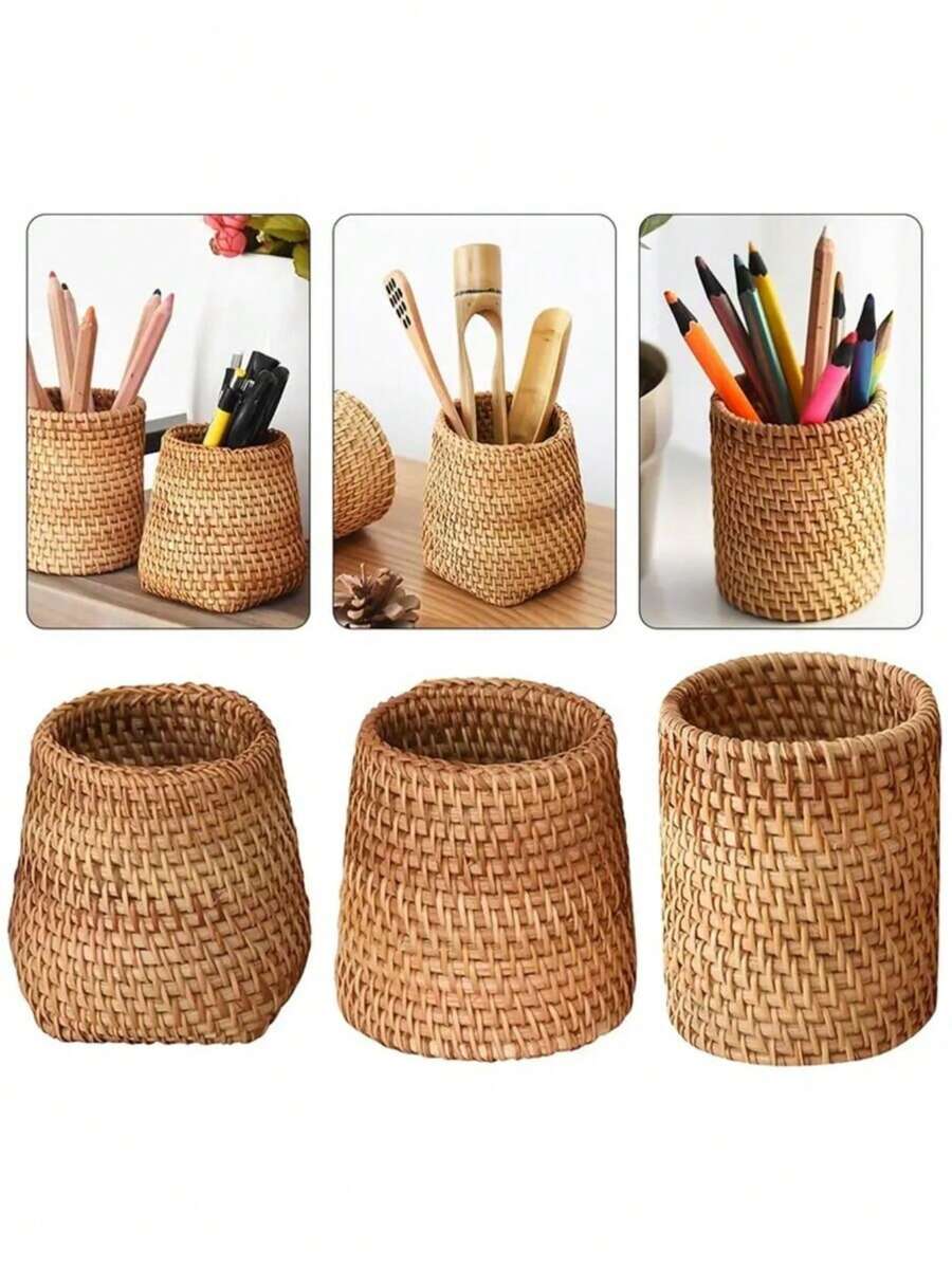 1 pieza Soporte de plumas multifuncional hecho a mano de material de ratán, soporte para plumas, almacenamiento de brochas de maquillaje, decoración de escritorio, apto para escritorios de oficina, aulas, regalos de cumpleaños, almacenamiento, decoración del hogar
