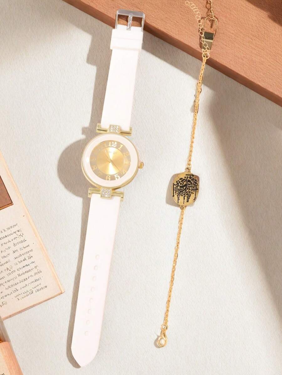 2 Pièces/Set Montre à quartz pour femmes avec cadran à échelle numérique, bracelet en alliage assorti, cadran rond minimaliste, bracelet en caoutchouc doux, convient pour le port quotidien et cadeau de vacances