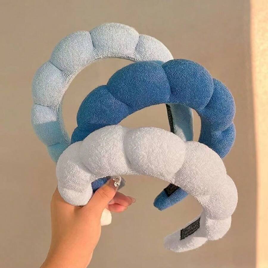 3pcs Cloud-Shaped Sponge, Linen Textured Headband, Wide Brim Hair Accessory For Washing Face, Bathing, Makeup, Spa, Sports
