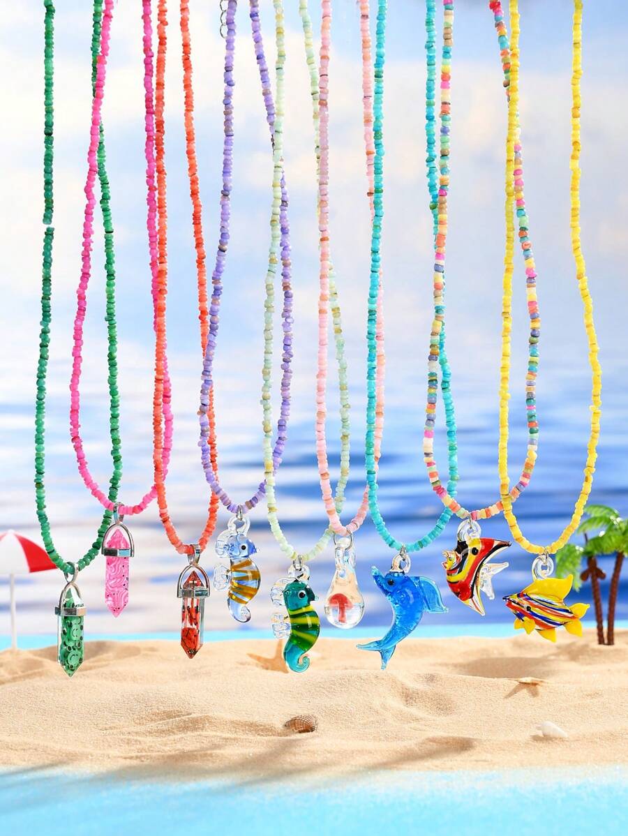 1pc Fashionable Multi-Color Beaded Necklace With Ocean Theme Hexagon, Mushroom, Glass Pendant, Suitable For Valentine's Day, Couple, Best Friends, Family Party, Gift, Beach, Daily Wear For Women