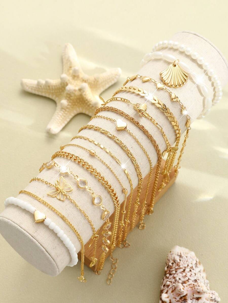 15 Stücke/Set im Strandurlaubs-Stil mit Muscheln, Herzen, Schmetterlingen, Kunstperlen, Ketten mit Metallperlen, Verschlusskette, Schleifenkette, schlichte Ketten, Fußkettchen, elegantes, Vintage Geschenkset für Urlaub, Party, Alltagstragen
