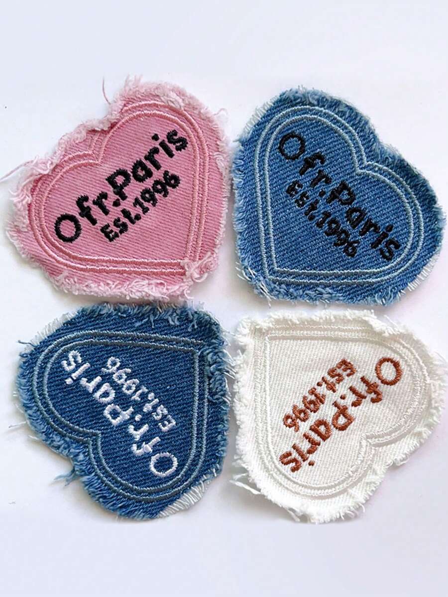4pcs Embroidered Label Hat, Pink Denim Frayed Heart-Shaped Letter Down Jacket, Patchwork Hat Accessory