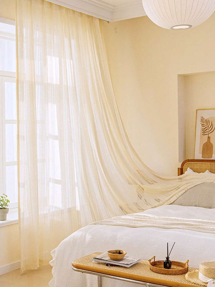 1pc Hanging French Retro Crochet Lace Sheer Curtain, Bohemian American Style Window Curtain