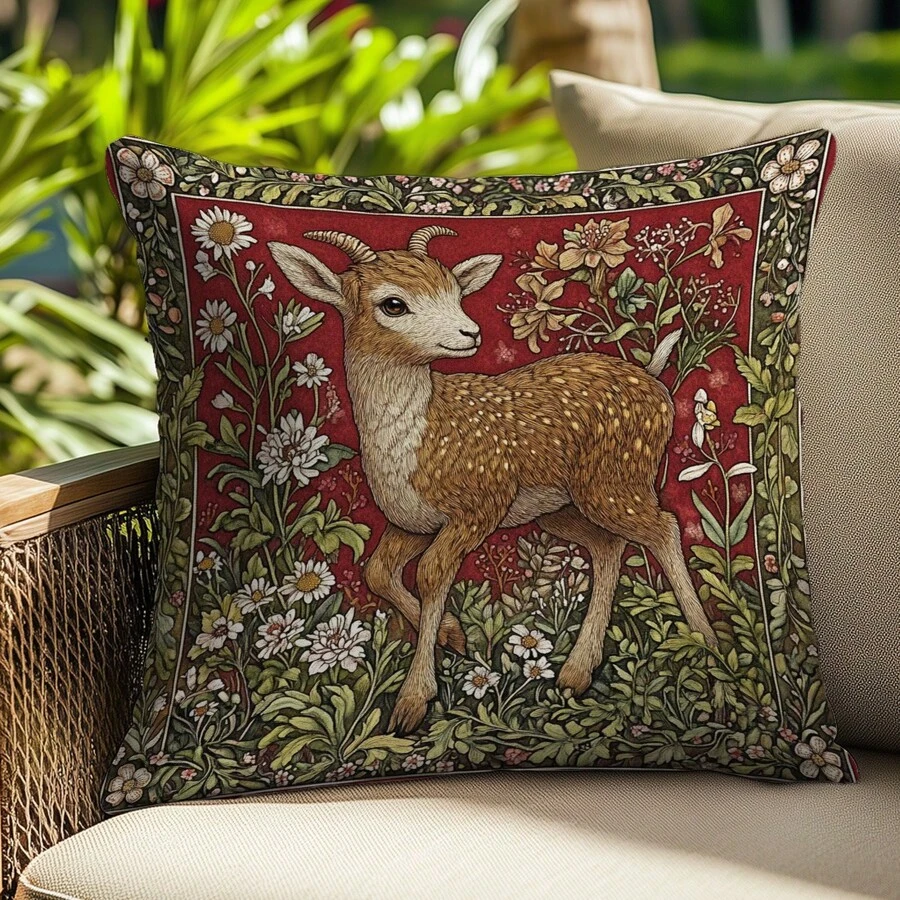 1pc Retro Morris Floral Deer Decorative Pillow Cover, Soft Peach Velvet Single-Sided Printed, 45*45CM Cushion Cover For Home Decor, Party Decor, Pillow Gift