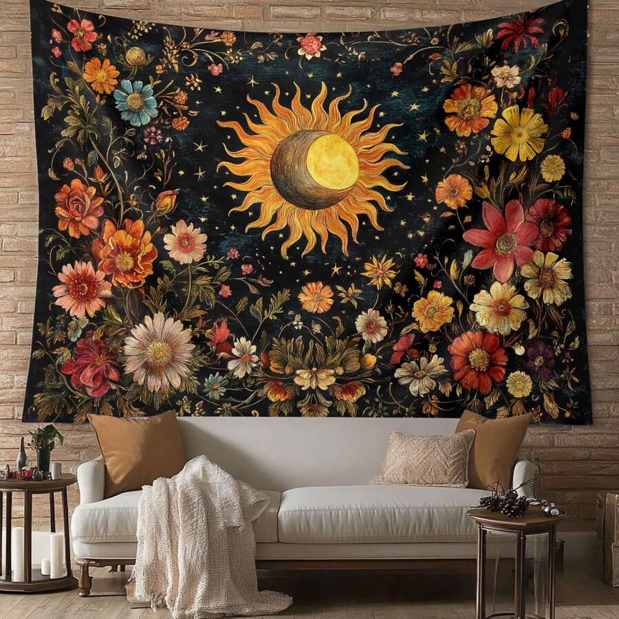 1 pezzo Arazzo da parete in stile bohémien e vibranti colori naturali con decorazioni floreali, sole e luna, realizzato in poliestere, per decorazione estetica della casa, camera da letto, soggiorno, regalo unico per amici e famiglia