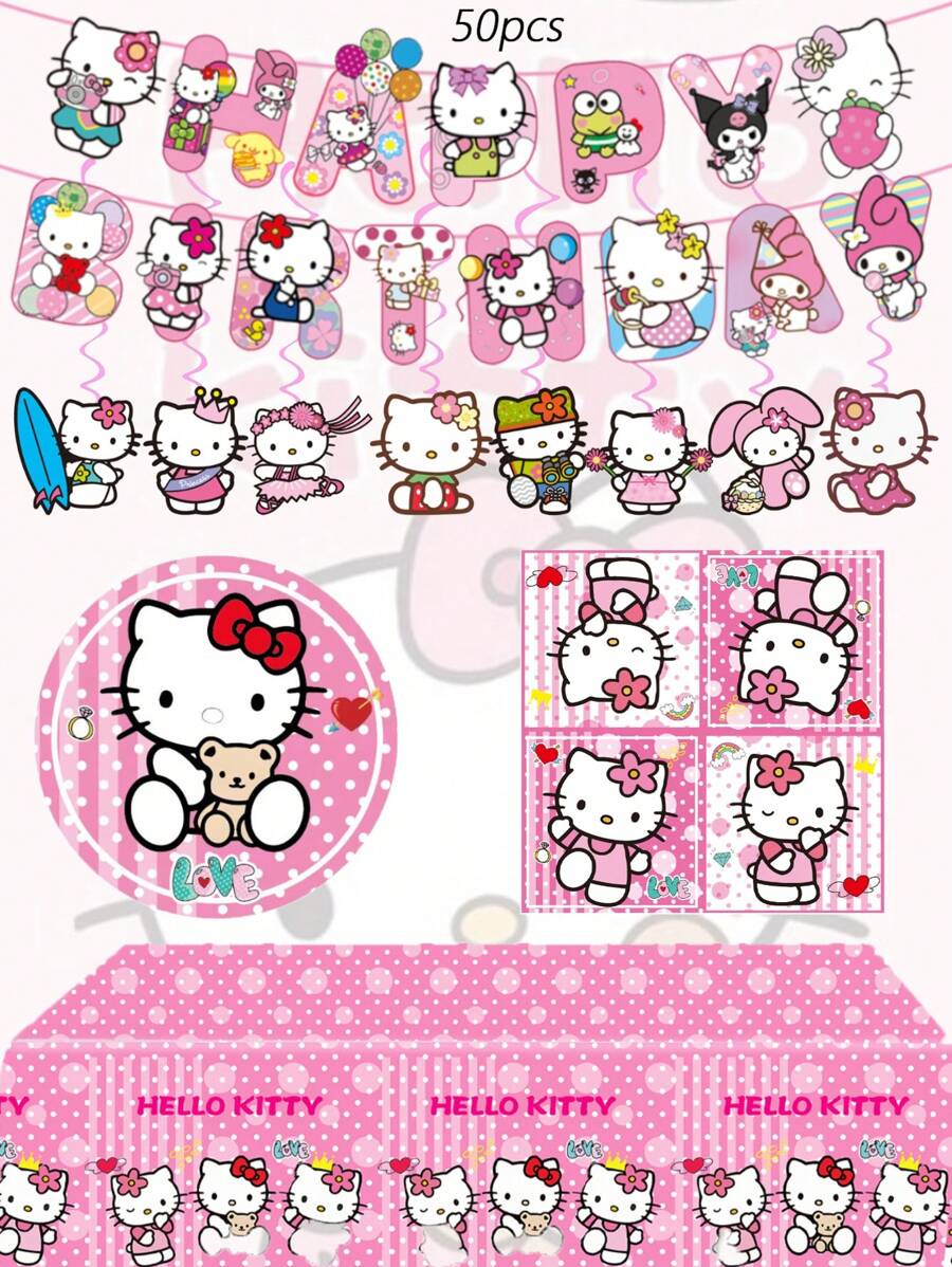 Sanrio 50pcs Sanrio Hello Kitty Party Supplies,Included Birthday Banner,Hanging Vortex,Plates,Napkins,Tablecloth,Includes 1 Pc Birthday Banner,8 PCS Hanging Vortexs, 20 PCS Paper Plates ,20 PCS Napkins ,1 Tablecloth For Hello Kitty Birthday Party Decorations,For Hello Kitty Party Decorations,Hello Kitty Birthday Party Decorations,Hello Kitty Party Decorations