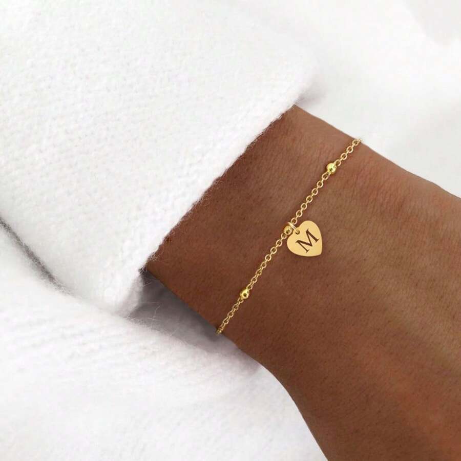 1 Stück einfaches klassisches Herz-Ausschnitt-Initialen-Armband, goldene Edelstahl-Perlenkette Armband für Frauen