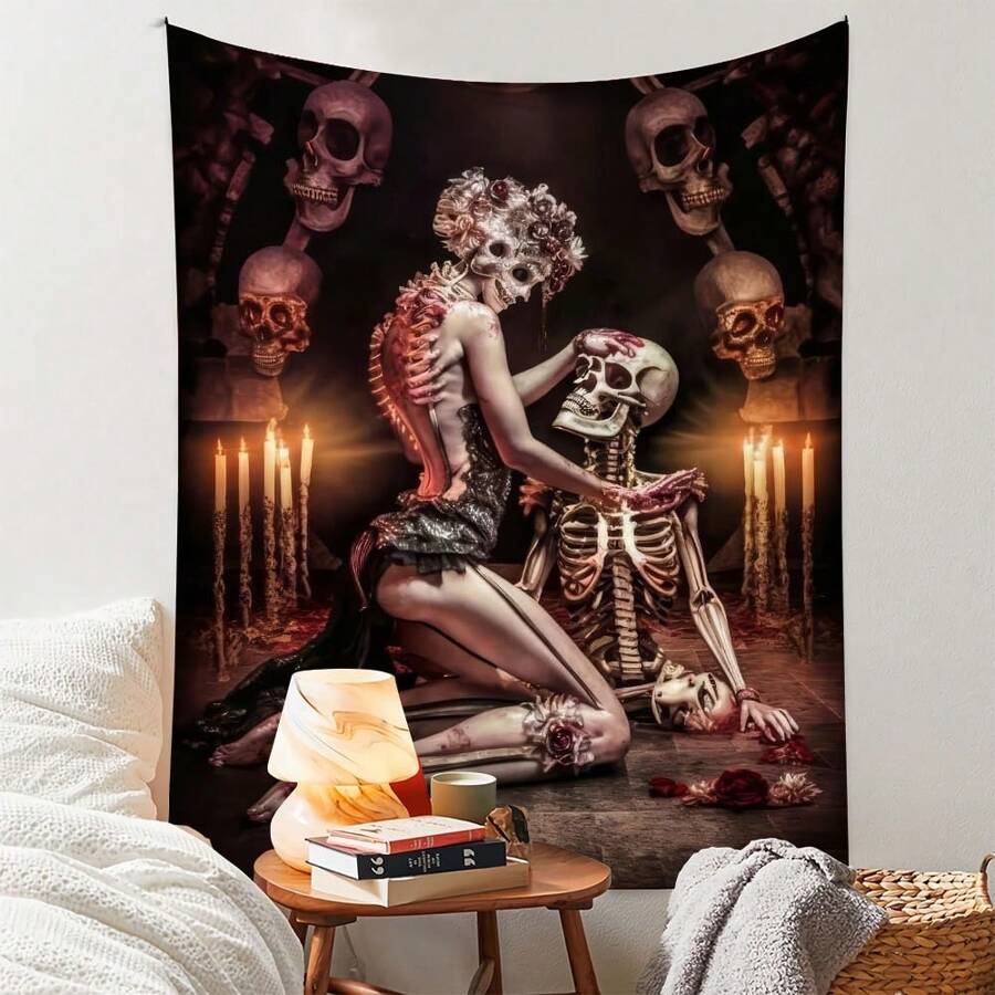 1 pezzo Arazzi decorativi in poliestere, stile gotico romantico, con coppia di scheletri e decorazioni floreali con candele, appesi al muro, per decorazione della casa, del soggiorno, della camera da letto, stile bohémien, estetico, regalo unico, decorazione di fantasia dark