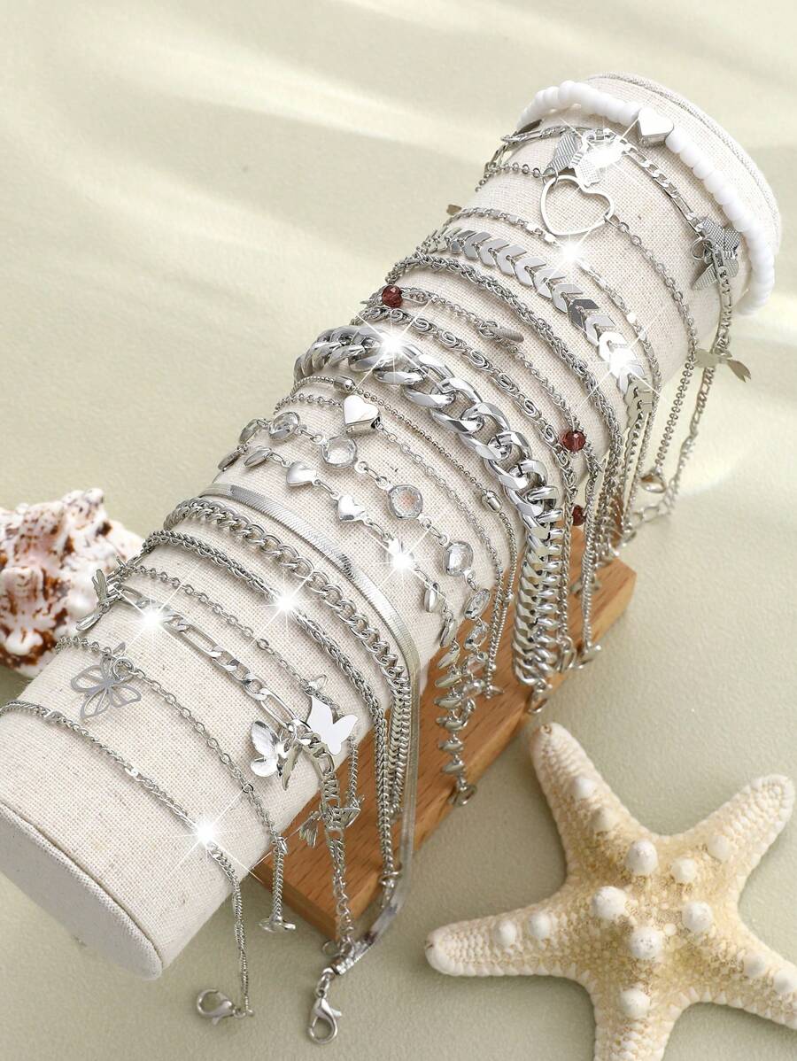 19/6 Stücke Strandsommer Ferien Herz Schmetterling Perlen Kunststein Quaste Charm Kette Fußkettchen Set, minimalistischer Metallakzent, elegantes vintage Design, geeignet für Urlaub, Partys, Geschenke, Alltag