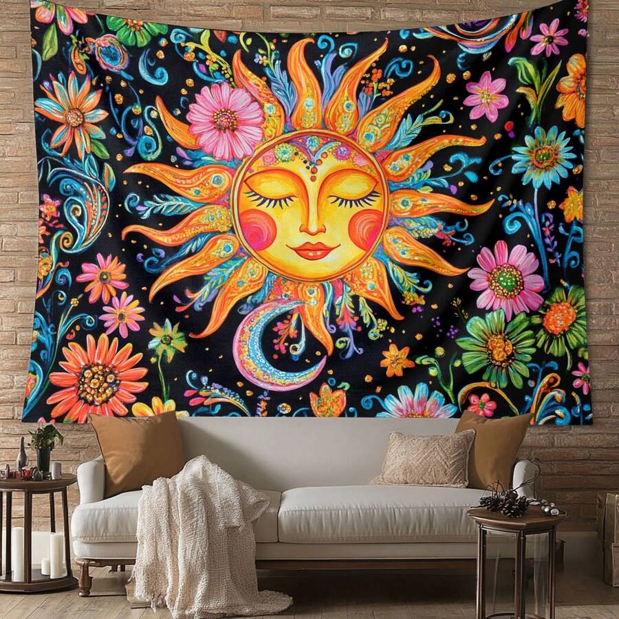 1 pezzo Arazzo da parete decorativo in poliestere colorato con disegno di sole e fiori, stile bohémien, adatto per soggiorno, camera da letto, studio di yoga e meditazione, decorazione per la casa, design vibrante con motivi e dettagli intricati