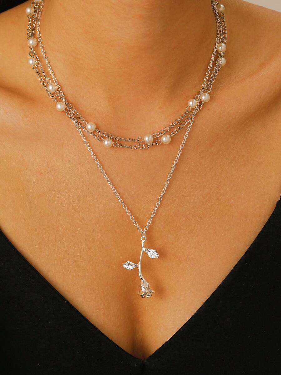2 piezas Collar colgante con rosa de perla, accesorio de joyería elegante y de moda para mujeres, regalo para el Día de San Valentín, Día de la Madre, adecuado para uso diario, fiestas y festivales