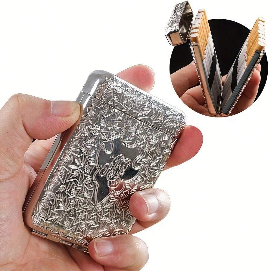 1pc Metal Vintage Cigarette Case, Triple Open Cigarette Box, Fashionable Gentlemen Style, Holds 20 Regular/16 King Size Cigarettes, Unisex Portable Metal Cigarette Case, Engraved Cigarette Box With Anti-Crush Design