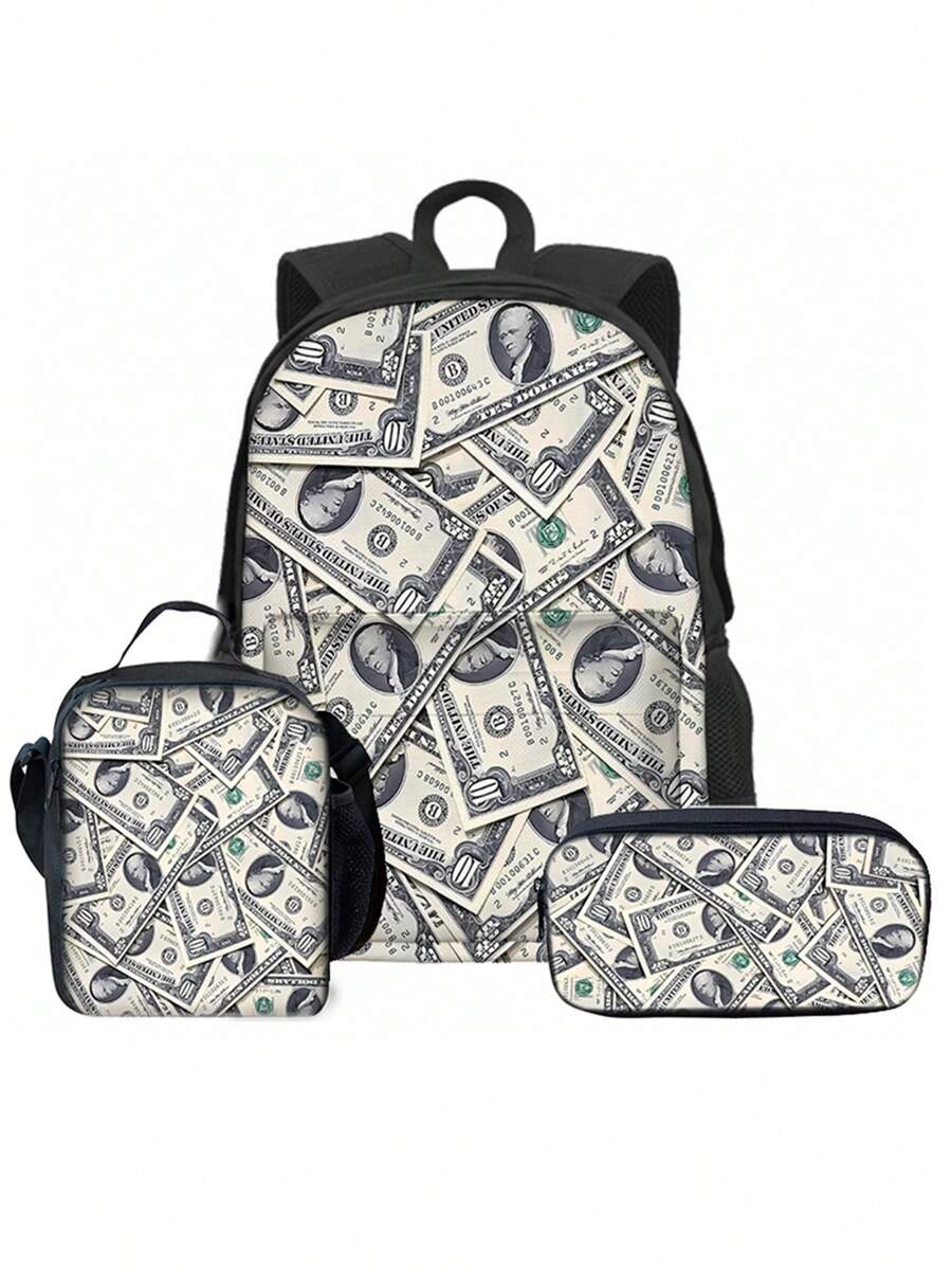 Dollar Pattern Printed Backpack Three Pieces Set (Front Bag Backpack + Lunch Bag + Pencil Bag) Pencil Case