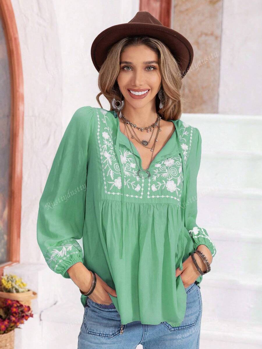 Rusttydustty Damen Langarm Bluse mit grüner Blumenstickerei, boho, für Ostern, Strand, Hawaii, Coachella Musikfestival, tropischer Urlaub