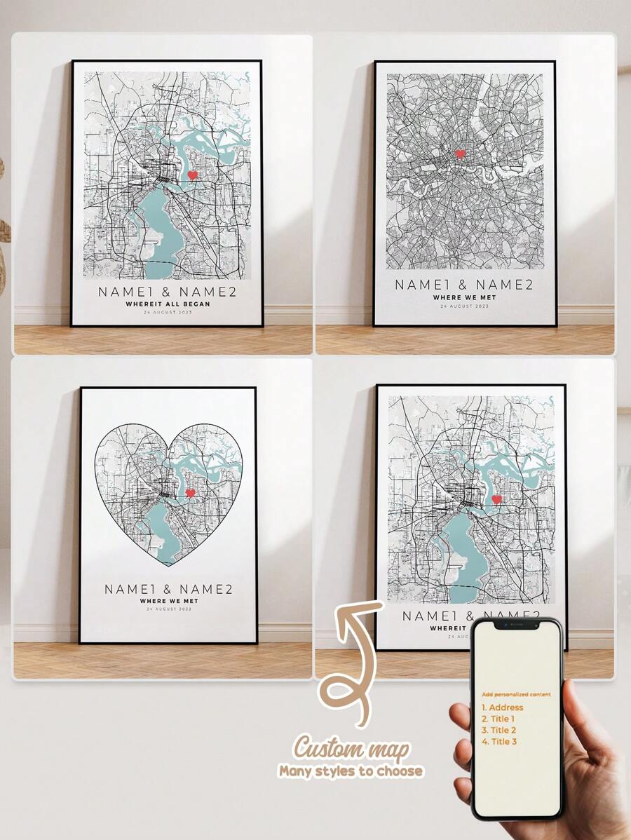 1pc Modern Custom Personalization City County Map World Covers Travel Poster Wedding Memorial Day Gift Aluminum Alloy Frame Canvas Painting Wall Art Picture Waterproof Poster For Living Room Bedroom Home Decor