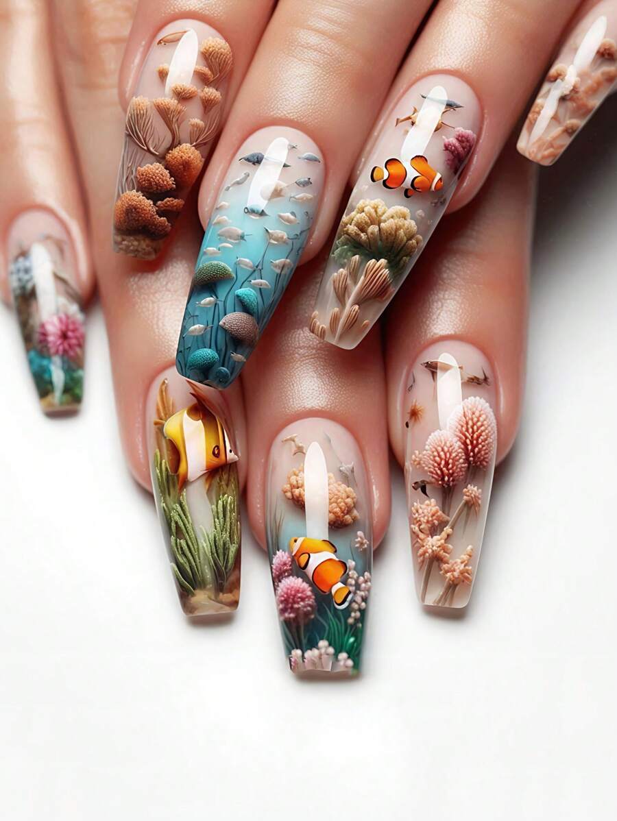 Medium And Long Ballet-Shaped Multi-Color French Style False Nails, Jellyfish And Dolphin Wearable Nails, Fashionable Design, Ocean Style, Full-Coverage False Nails Art Stickers, Fish Nail Decoration Supplies. Suitable For Office Ladies, Parties And Daily Wear. Full-Coverage False Nails Art Stickers + 1 Bottle Of Gel + 1 Nail File. Decorate Your Nails And Enhance Your Fashion Taste. Nails.