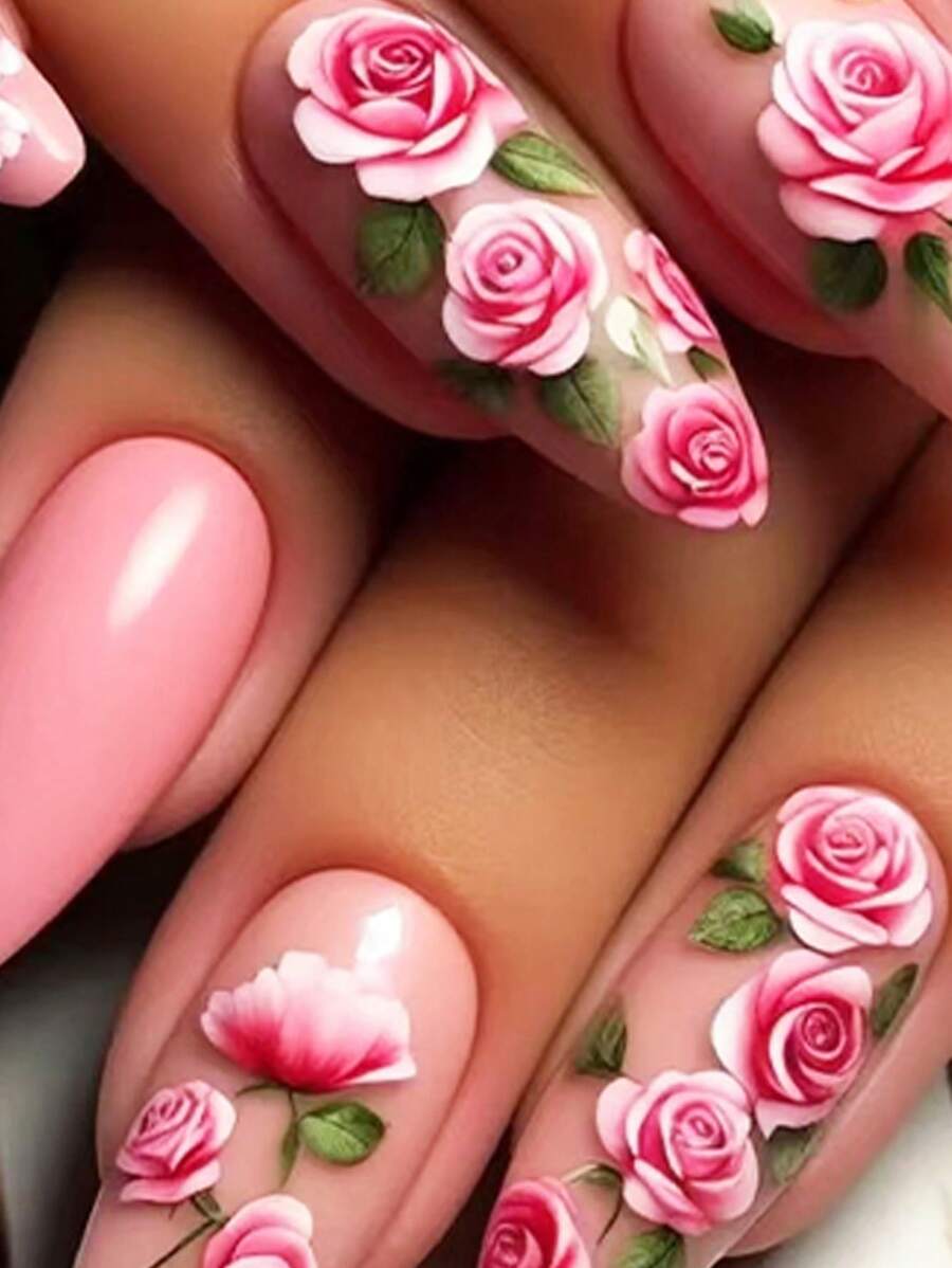 24 Peças Unhas Postiças com Formato de Amêndoa, Glossy, Padrão de Flor Rosa de Primavera/Outono, Adequado para Decoração de Unhas Femininas, Acompanha 1 Peça de Gel de Gelatina e Bloco de Lixa de Unhas