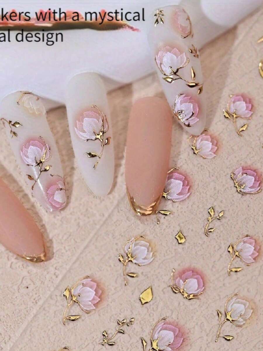 1Pc Gradient Floral Nail Stickers Acrylic Sliders Golden Pink Blossoms Flowers 5D Embossed Nail Slider Decals Self-Adhesive Nail Art Supplies Manicure Decor