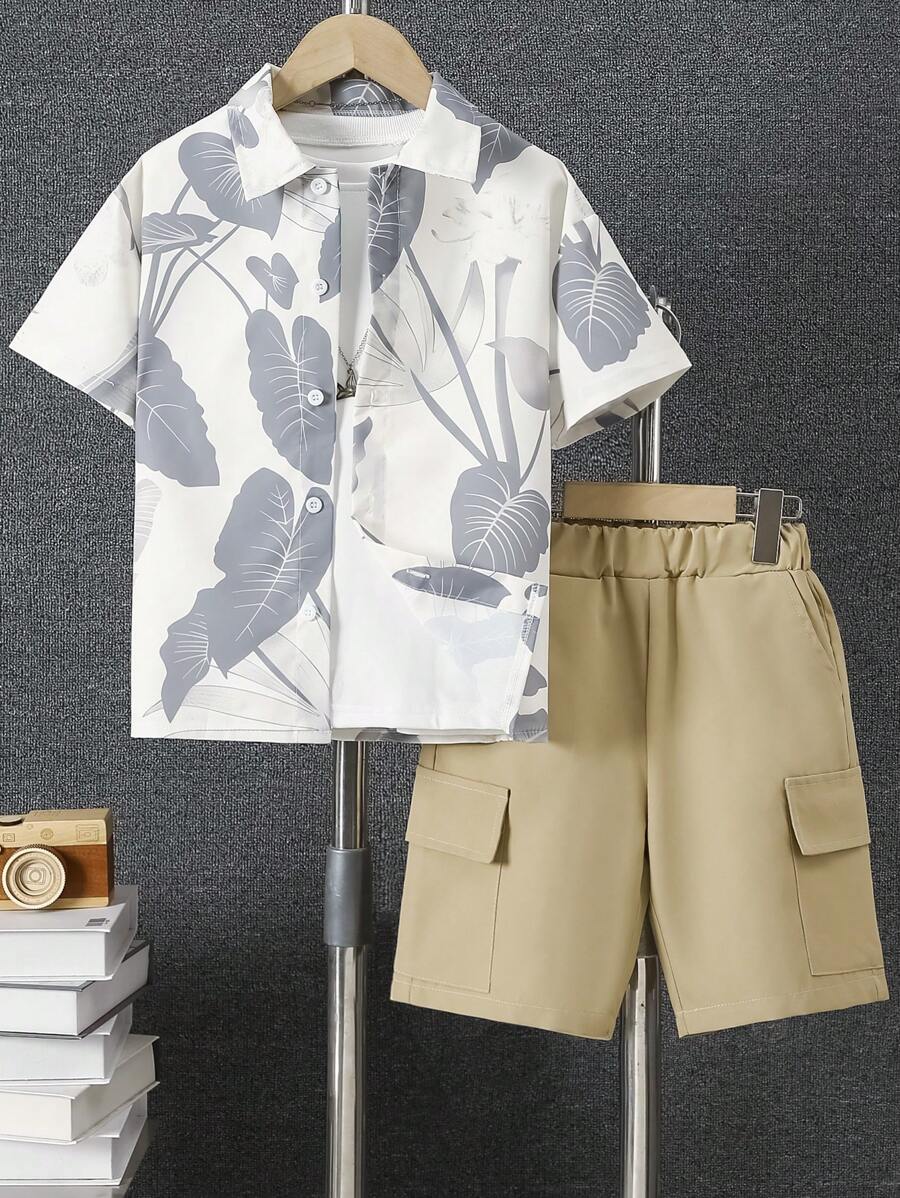 Set de 2 piezas de camisa con estampado de hojas gris casual y pantalones cargo para niños (apto para todas las estaciones)