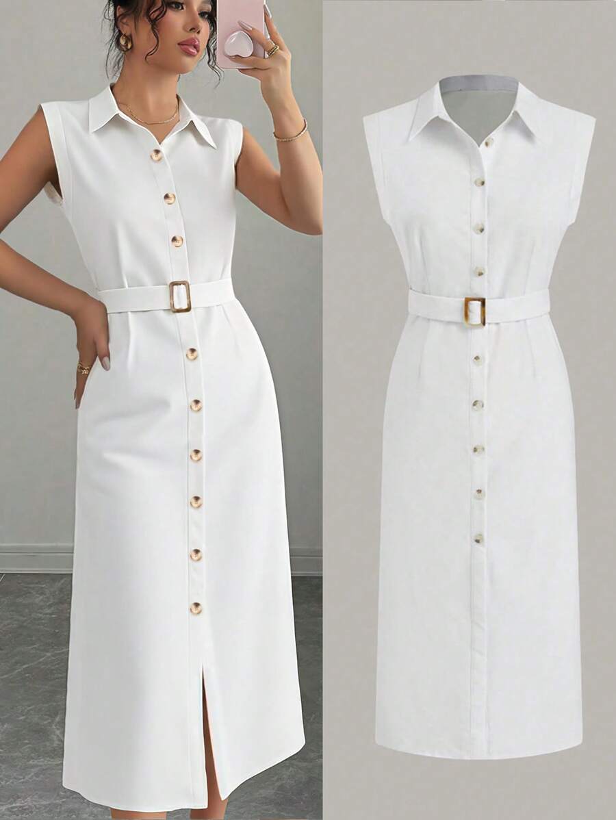 Abito estivo da donna, elegante vestito casual di media lunghezza con cintura in vita, tessuto lavorato a trama unita, chiusura anteriore con bottoni