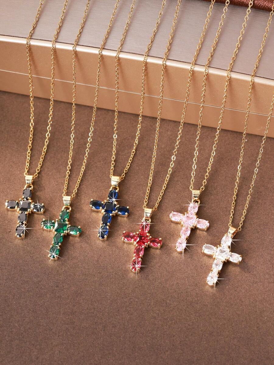 Colar com pingente de cruz de zircônia retrô punk, colar personalizado com cruz, estilo popular europeu e americano para mulheres, 1 peça