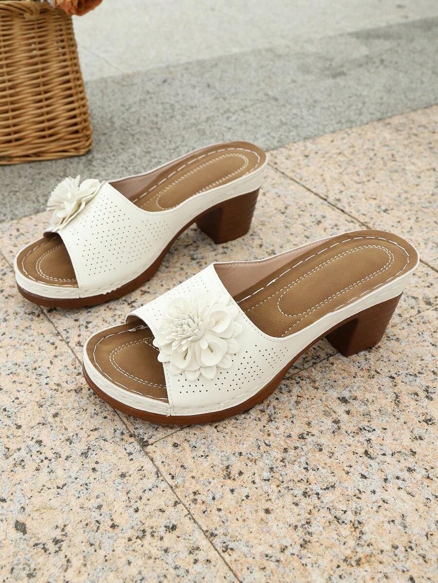 New Plus Size Summer Fashion Versatile Solid Color 3D Floral Breathable Hollow-Out Open Toe Platform Wedge Sandals, Faux Wood Grain Chunky Heel, Casual/Office Wear, Vintage Style, White