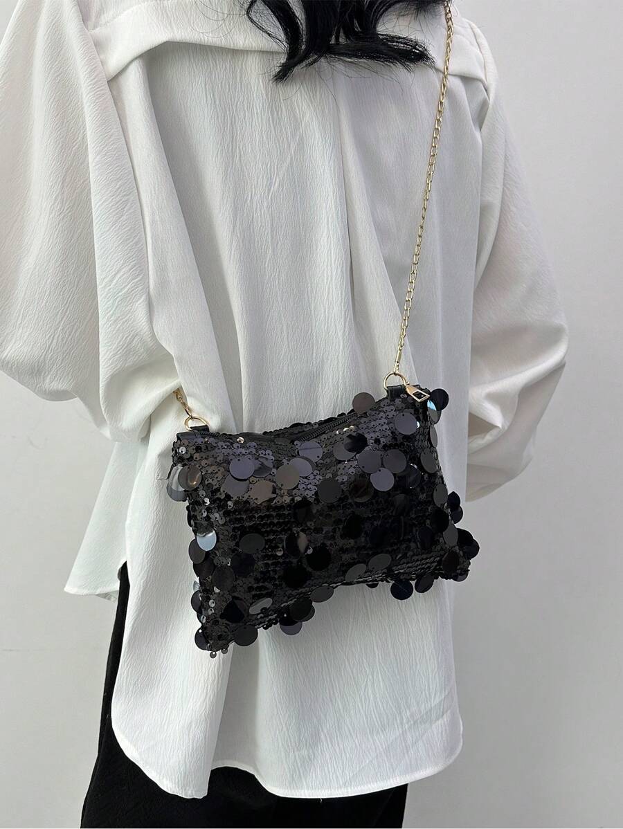 Fashionable Sequin Decorated Rectangular Women Handbag, Personalized Zipper Closure Crossbody Bag, Niche Design Chain Shoulder Bag For Parties