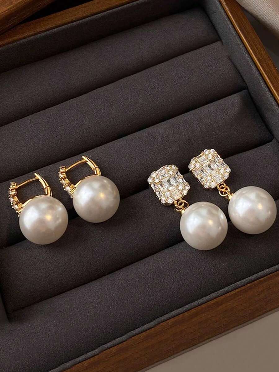 2 paires de boucles d'oreilles pendantes élégantes et vintage pour femmes, ornées de perles et de Zircone cubiques. Léger, pour un port casual, de soirée, de mariage, pour tous les jours, au printemps/été.