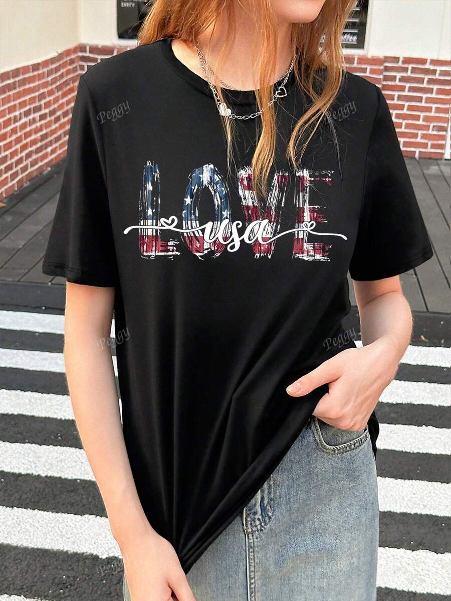 I Love America T-Shirt, America Independence Day Shirt, Soft T-Shirt, Patriotic Apparel, Black Fashionable Women's T-Shirt, Red White Blue, America