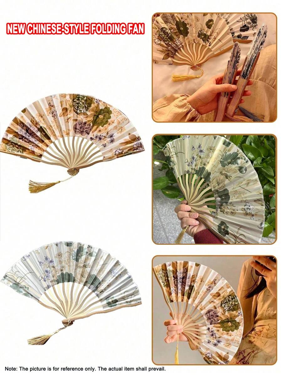 1pc Traditional Ink Painting Hand Fan, Retro Classical Style, Handheld Bamboo Fabric Fan, Portable Vintage Cheongsam Accessory, Elegant Floral Pattern With Tassels, Home Decor And Personal Use