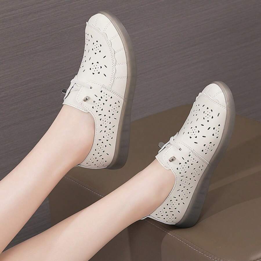 Women's Leather Slip On Hollow Out Flats, New Summer Casual Soft Bottom Shoes, Breathable Loafers
