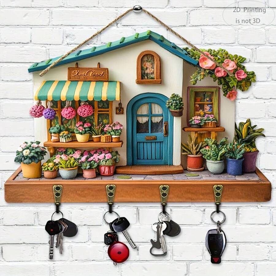 2D Flat, 1pc, A Wooden Colorful Flower Shop Town Multifunctional Home Key Hanger (29.97cm X 22.86cm), With Four Metal Hooks - 2D Flat Printing, Wall Decoration, Porch Decoration, Room Decoration, Villa Decoration, Four Seasons Home Decoration, 2D Flat