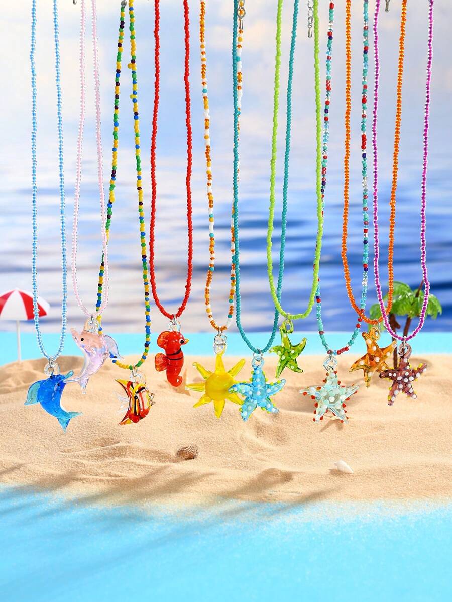 1 pieza Collar colgante de estilo marino con cuentas de vidrio y perlas de colores a la moda, adecuado para el Día de San Valentín, parejas, mejores amigos, regalos para fiestas familiares, vacaciones en la playa, uso diario para mujeres