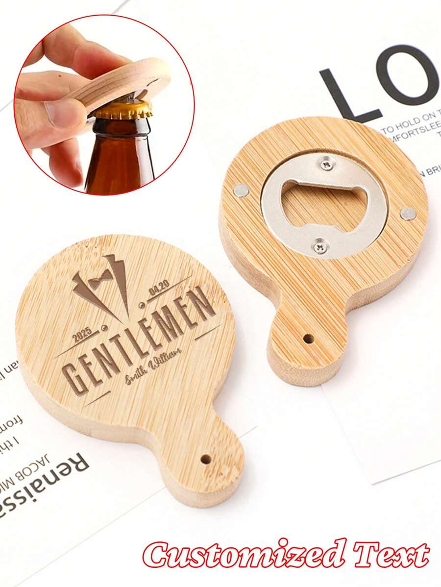 1 pezzo Apribottiglie rotondo in legno con manico per una presa facile, personalizzato con testo e disegni incisi al laser, uno strumento pratico per la birra, adatto per bar, ristoranti e case, un regalo perfetto per le vacanze per mariti e padri, e un souvenir creativo per matrimoni