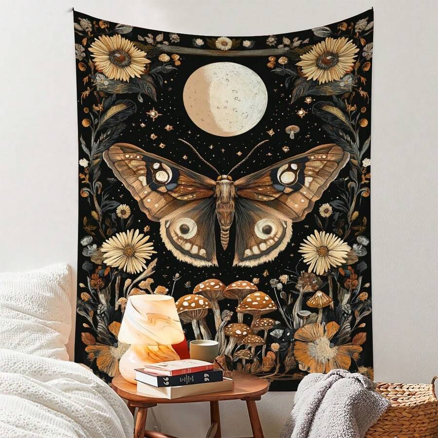 1 pezzo Arazzo in poliestere con motivo di farfalle, luna e fiori, decorazione da parete in stile boho per soggiorno, camera da letto, regalo unico per lei, lui, appassionati di natura, elegante