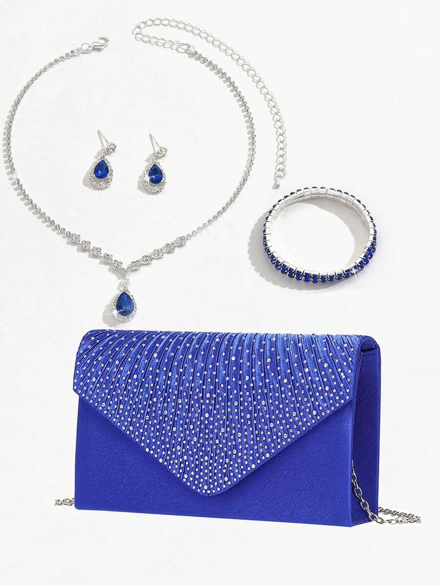 4 Peças Conjunto de Moda Feminina com Bolsa de Embreagem Versátil com Pedrinhas e Alça de Corrente, Mais Conjunto de Joias com Colar, Brincos e Pulseira com Pedrinhas