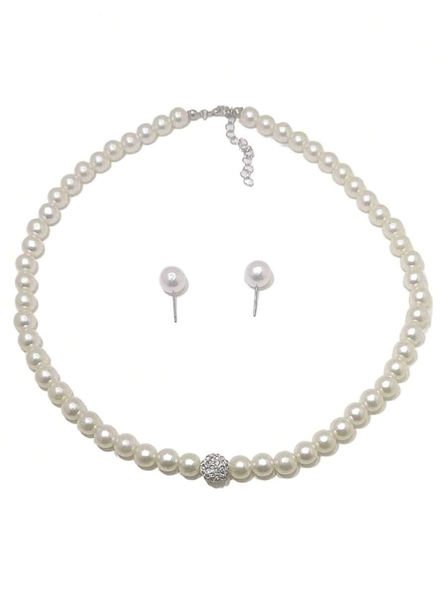 Set de 3 piezas de collar y aretes de joyería con perlas falsas, conjunto de joyería clásica europea y americana con perlas, conjunto de joyería retro con cuentas para mujeres