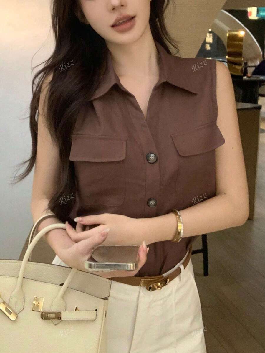 Solid Color Pattern Front Pocket Sleeveless Shirt