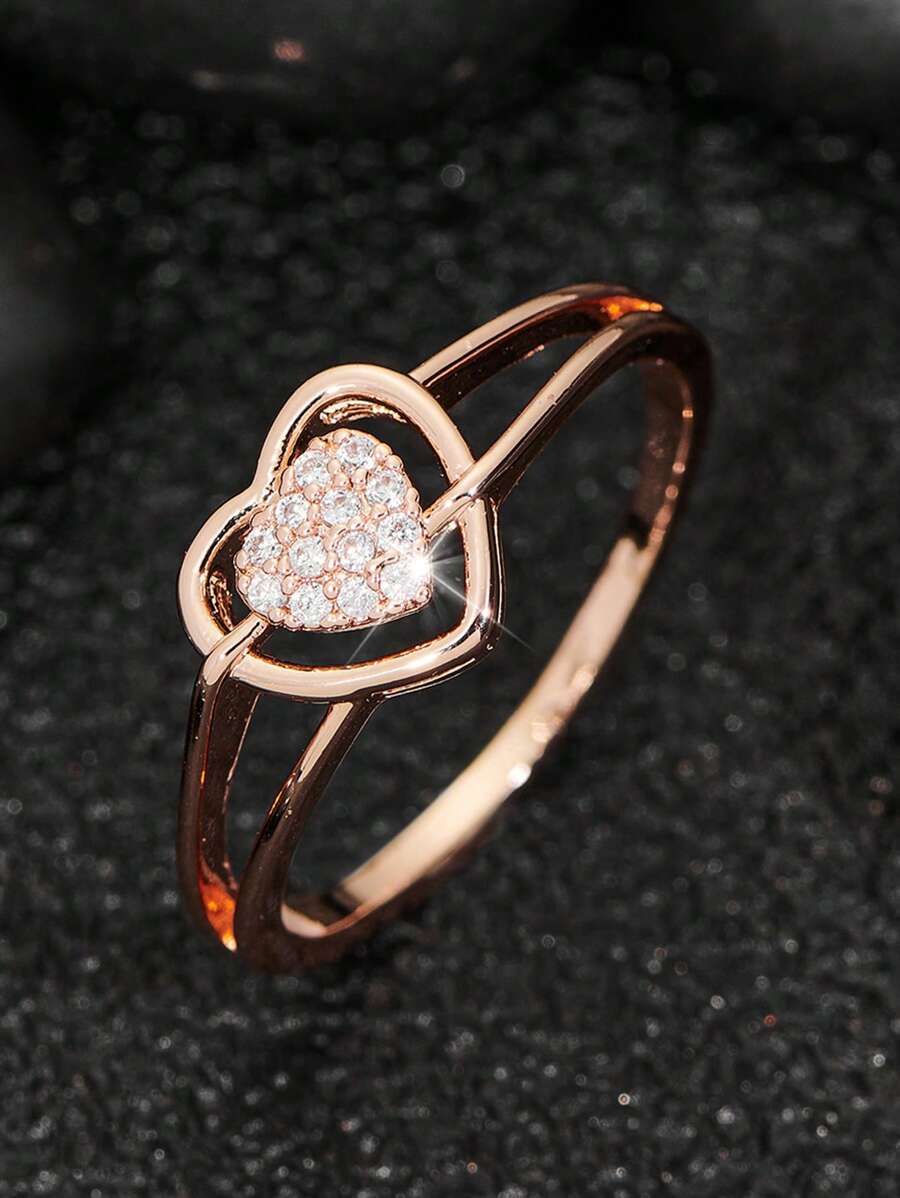 1 pièce Bague à la mode avec zircone blanche ajourée en forme de cœur, cadeau surprise pour dames pour la Saint Valentin
