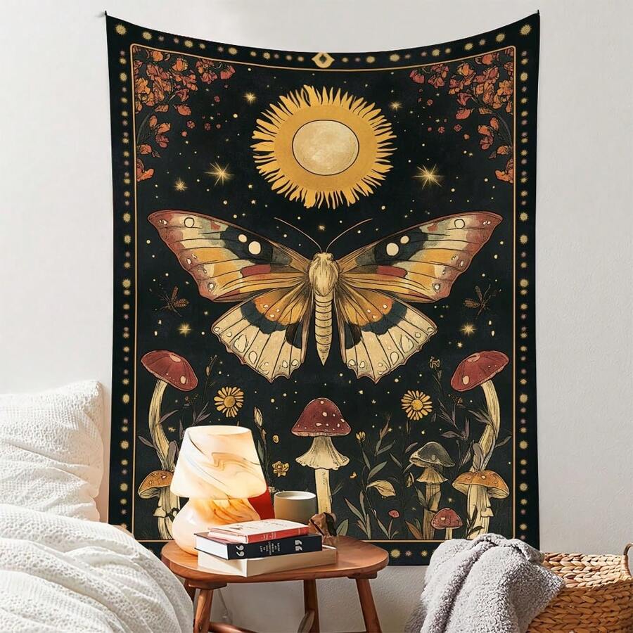 1 pezzo Arazzo in poliestere con farfalla, sole, funghi, fiori e stelle per decorazione domestica, stile bohémien per soggiorno, camera da letto o dorm, grande opera d'arte decorativa, coperta morbida e leggera, colori vibranti