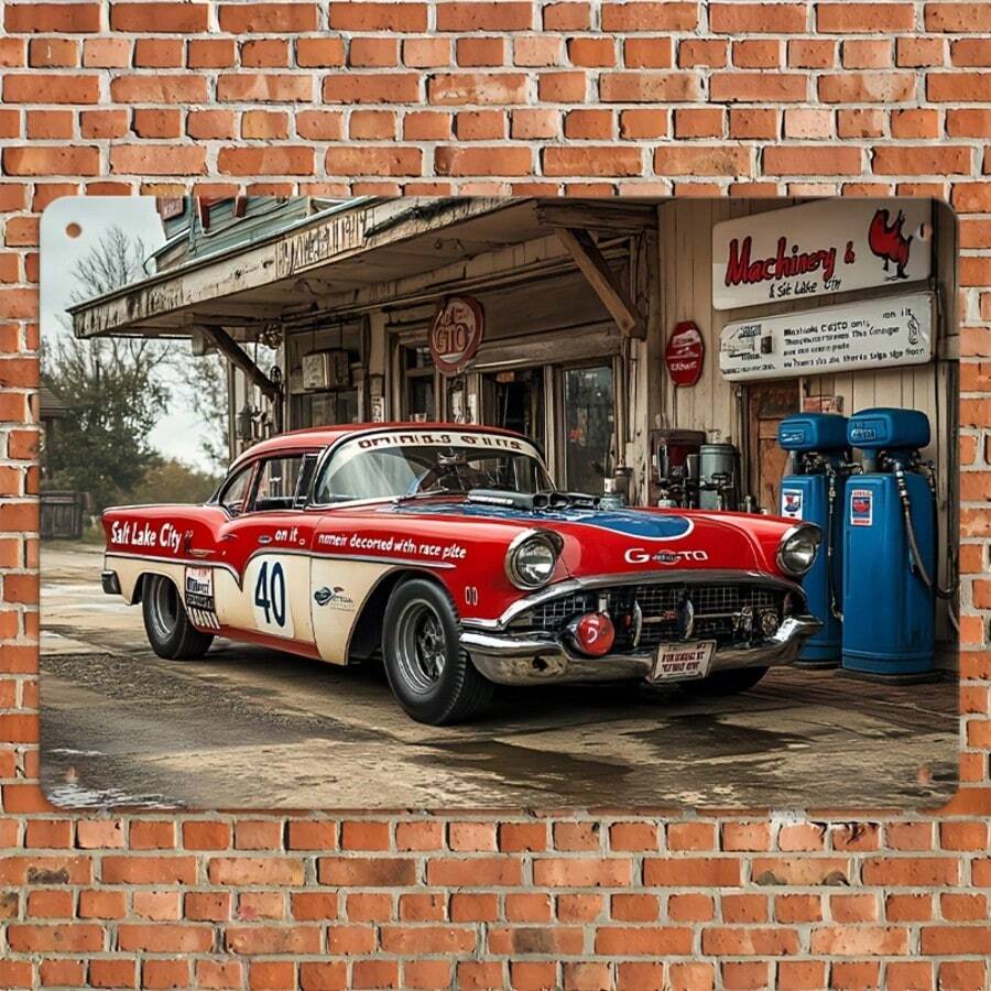 Vintage metalen blikken bord met auto en tankstation - Klassieke rood-witte autokunst uit de jaren 50, 20x30cm - Retro wanddecoratie voor thuis, in de winkel en buiten met voorgeboorde gaten - Ideaal voor nostalgie en vakantiedecoratie, buitenplaquette | Vintage tankstation | Rustieke textuur, autodecoratie