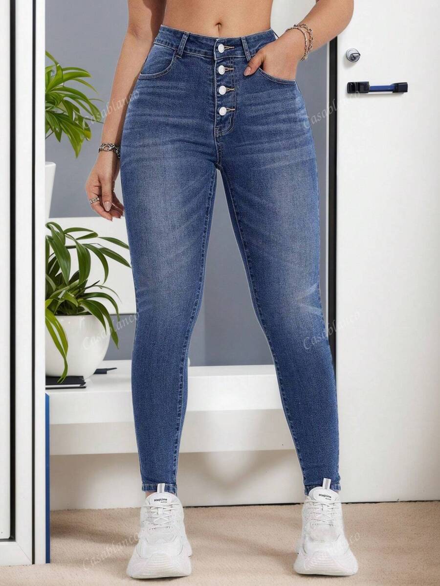 Jeans ajustado para mujeres para uso casual diario ,Pantalones vaqueros azules ajustados elásticos ,Vístete cómoda y con estilo, Pantalones Skinny Jeans de Mezclilla, Efecto Levanta Glúteos, Diseño de múltiples botones, Jeans pitillo con estampado de bigotes de gato para atuendo diario