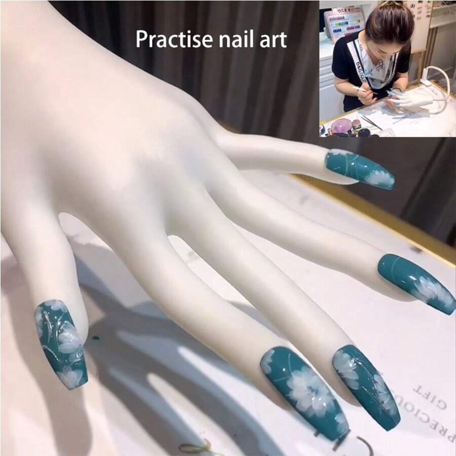 1 Peça Mão de Prática + 50 Unhas Postiças para Unhas Acrílicas, Mão de Prática em Silicone para Unhas, Dicas de Unhas Nunca Caem, Manequim de Mão Falsa para Prática de Unhas, Mão de Manequim de Prática Flexível com 100 Peças de Dicas de Unhas