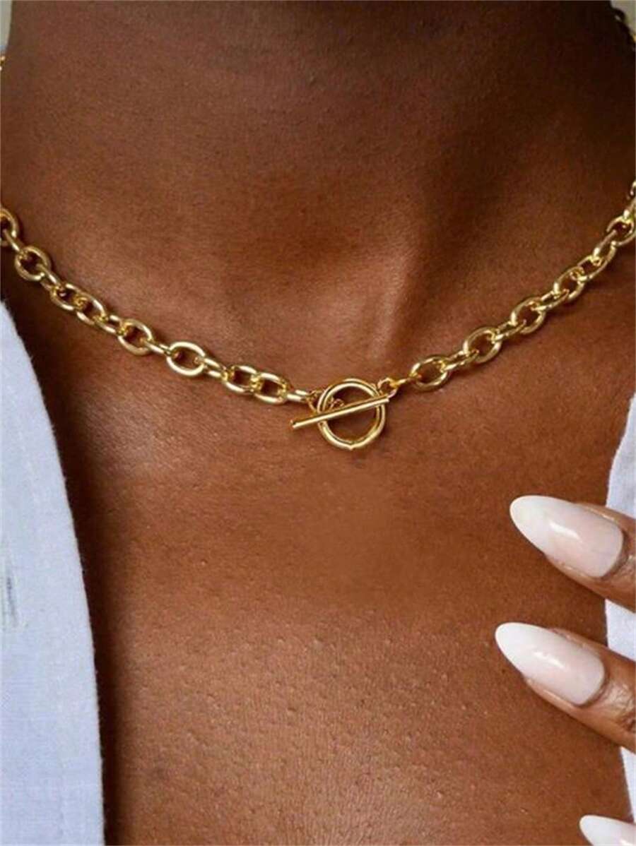 1pc Stainless Steel Waterproof And Not Easy To Fade Gold And Silver Fashion Simple OT Buckle Chain Necklace Suitable For Ladies Daily Wear.
