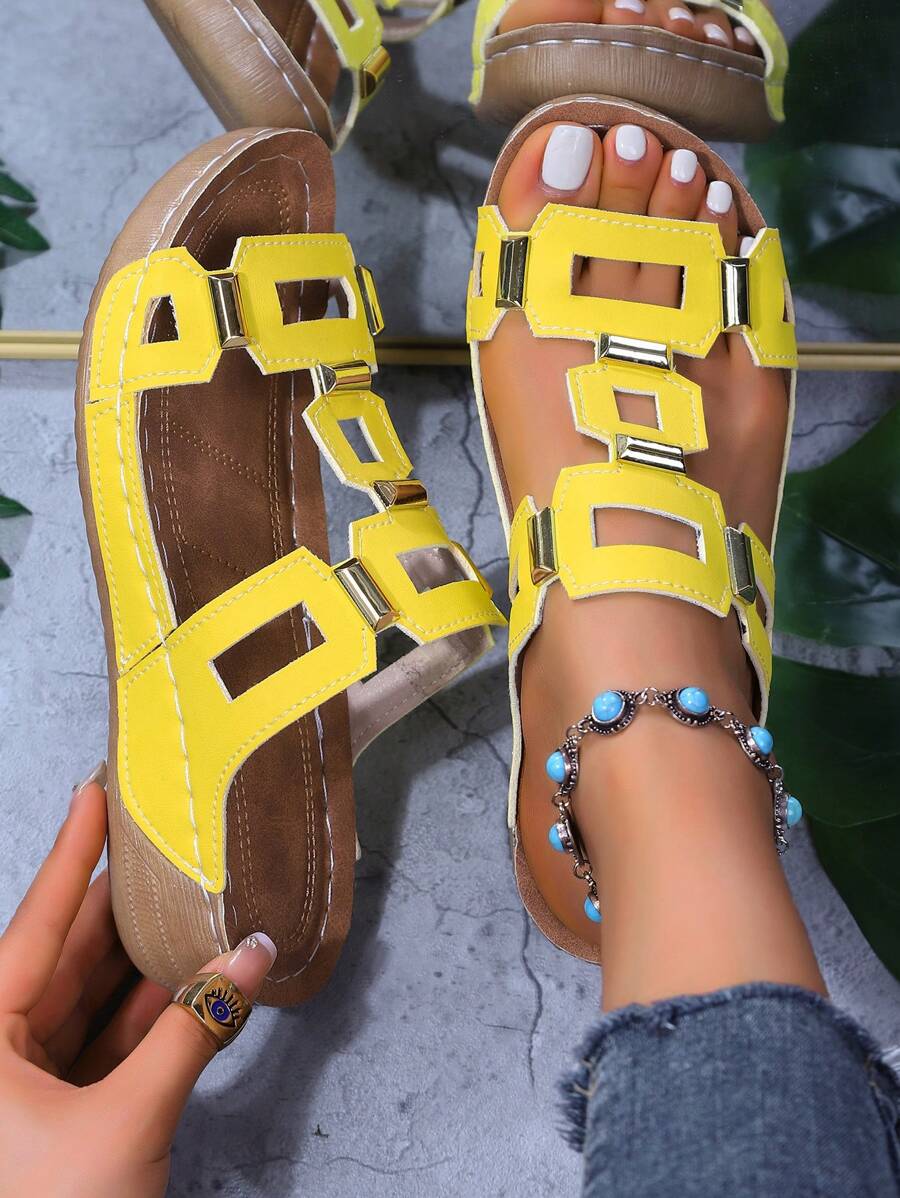 Women's Soft Bottom Thick Sole Studded Hollow Out Slippers, Plaid Glitter Elegant Party, School, Sports, Beach, Boho, Casual, Cute, Wedding, Sexy Nightclub Style, Wedge Hollow Studded Sandals For Outdoor Party, Office, Wedding, Holiday, Summer