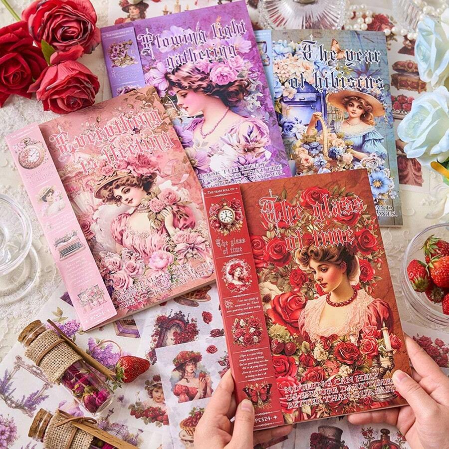 24Sheets/Book Sticker Books, Years Of Lingering Series, Retro And Exquisite European-Style Girl And Flower-Themed Stickers, Scrapbook Supplies, Notebook Accessories, Decorative Notebooks, Photo Frames, Phone Cases, Water Cups, Garbage Magazines, Stationery Boxes, DIY Personalized Stickers,School Supplies,Back To School