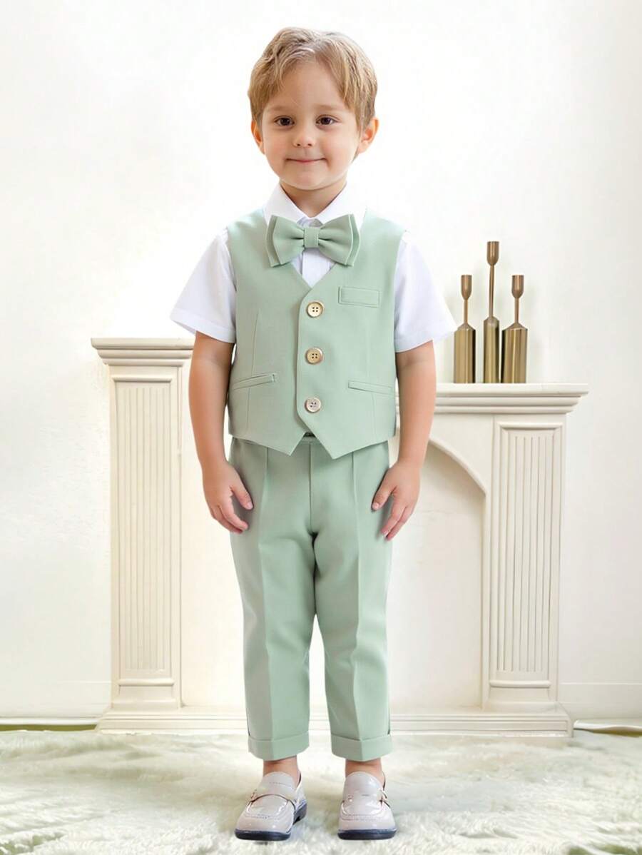 3 Peças/Conjunto Terno Infantil Masculino, Colete + Calça + Gravata Borboleta Combinando, Traje Formal de Festa, Cerimônia, Anfitrião, Terno de Gentleman, Verão