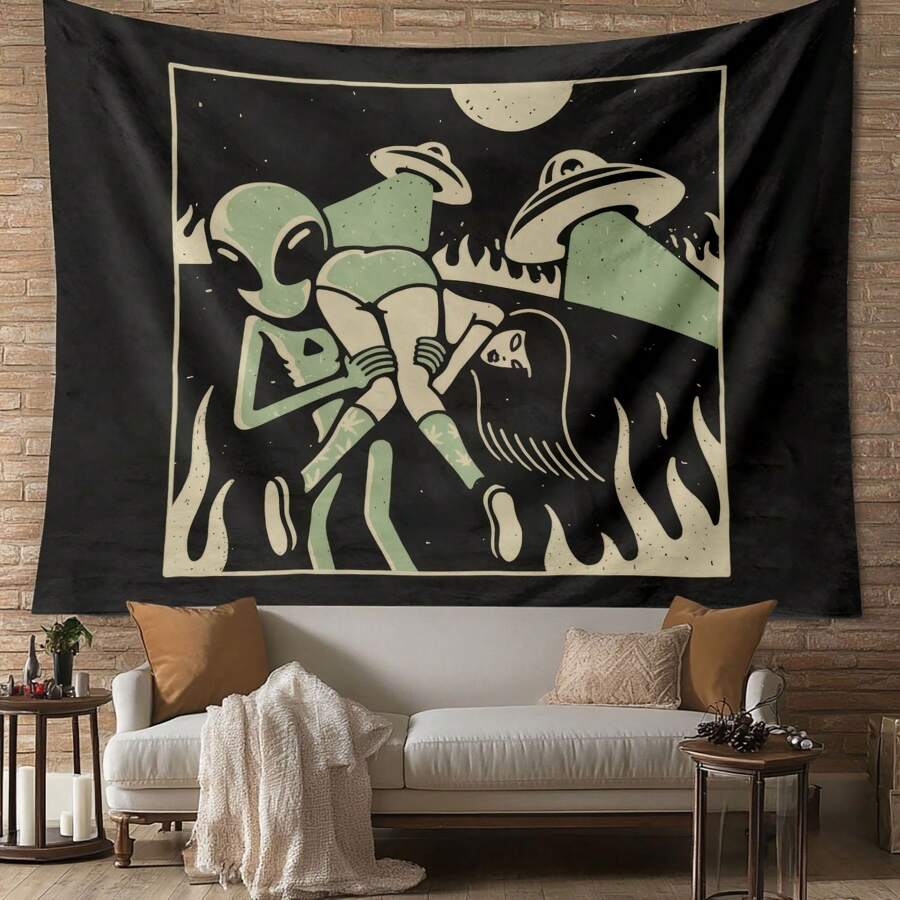 1 pezzo Tappezzeria da parete in poliestere a tema alieno, design UFO, per decorazione della casa nel soggiorno o camera da letto, colori nero e verde, tema cosmico unico e elegante, tessuto leggero, tappezzeria da appendere alla parete