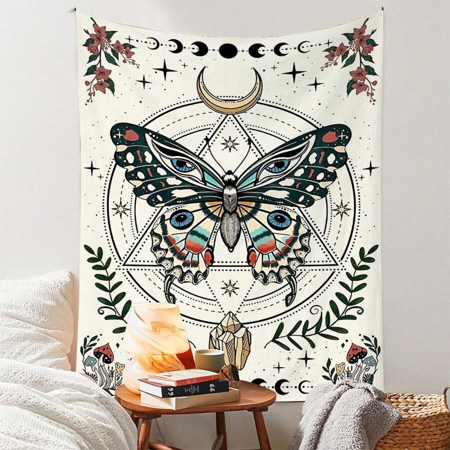 1 pezzo Arazzo in poliestere con farfalle colorate, stelle e luna celesti, decorazione da parete stile boho per soggiorno camera da letto, separatore d'ambiente, appeso da interni ed esterni, idea regalo unica