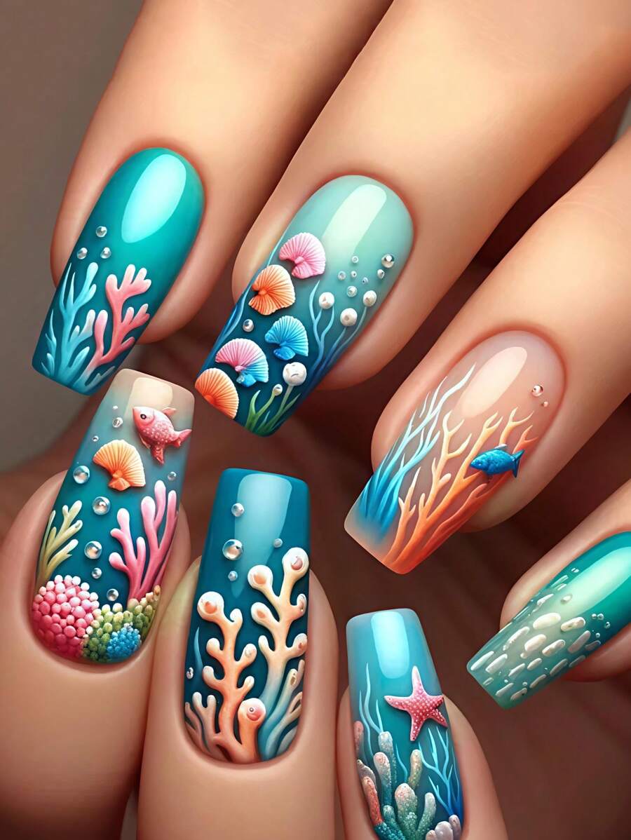 Medium And Long-Length Sky Blue Ocean Gradient Shiny Effect Press-On Fish French Tips Nail Art Shell Star Nail Stickers Dreamy Coral Press-On Nail Art Accessories Stickers Convenient For Daily Outings, Parties, Travel And Vacations Press-On Nails 24-Piece Finished Box Set With Jelly Glue And Rubbing Sticks
